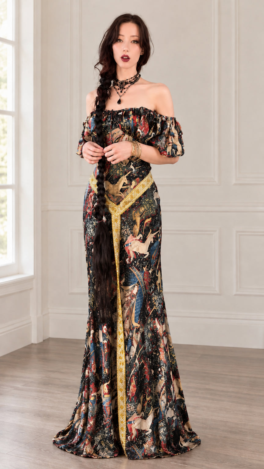 Front full view of black tapestry print off-shoulder maxi dress with gold trim