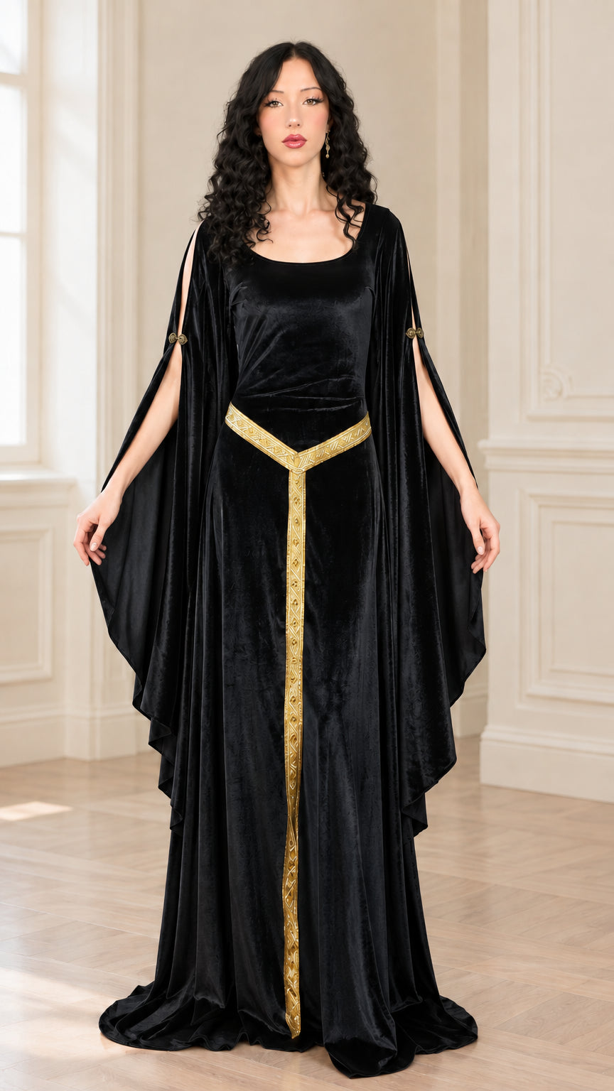 Black velvet Renaissance maxi gown with gold waistline detailing