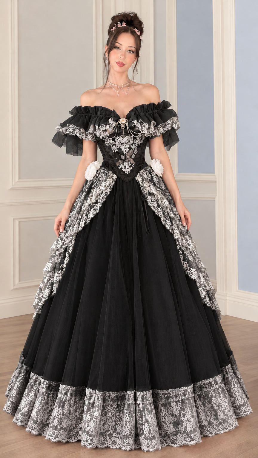 Full-length view of the black Victorian off-shoulder corset ball gown with contrasting white floral lace