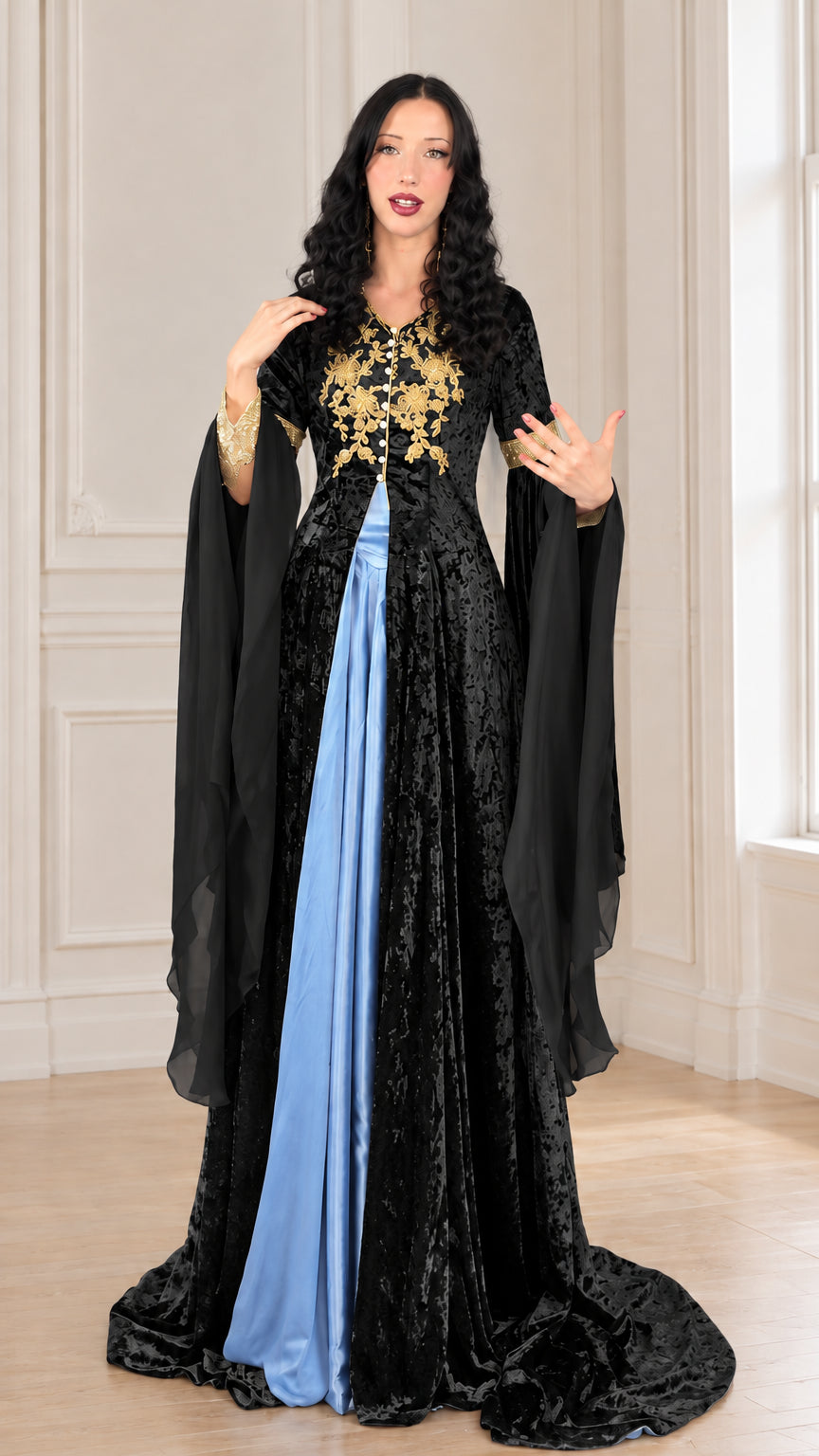 Black renaissance crushed velvet maxi dress with gold embroidery and light blue center inset