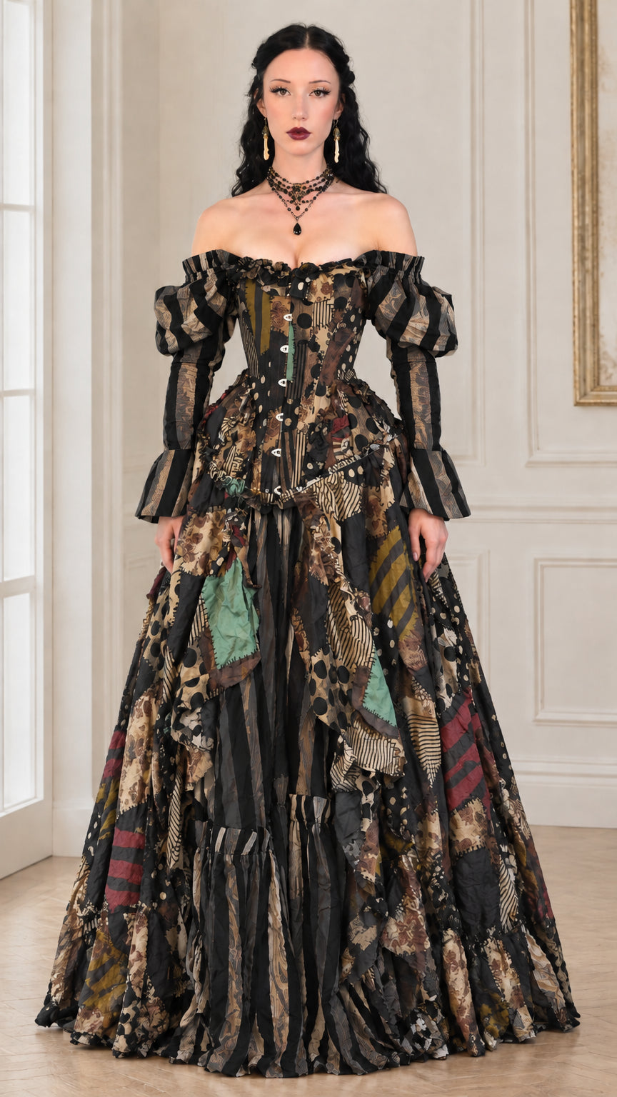 Full front view of black patchwork off-shoulder corset ball gown