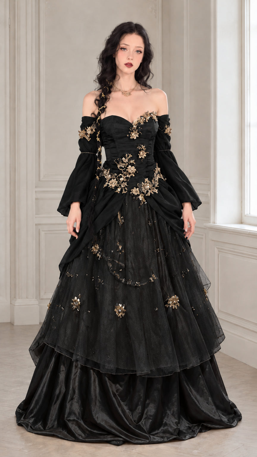 Black Renaissance off-the-shoulder ball gown with gold floral embroidery