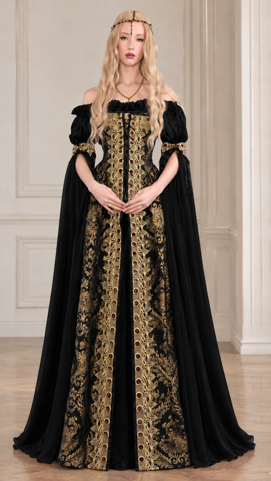 Front view of black renaissance medieval gown with gold brocade front and dramatic black cape sleeves