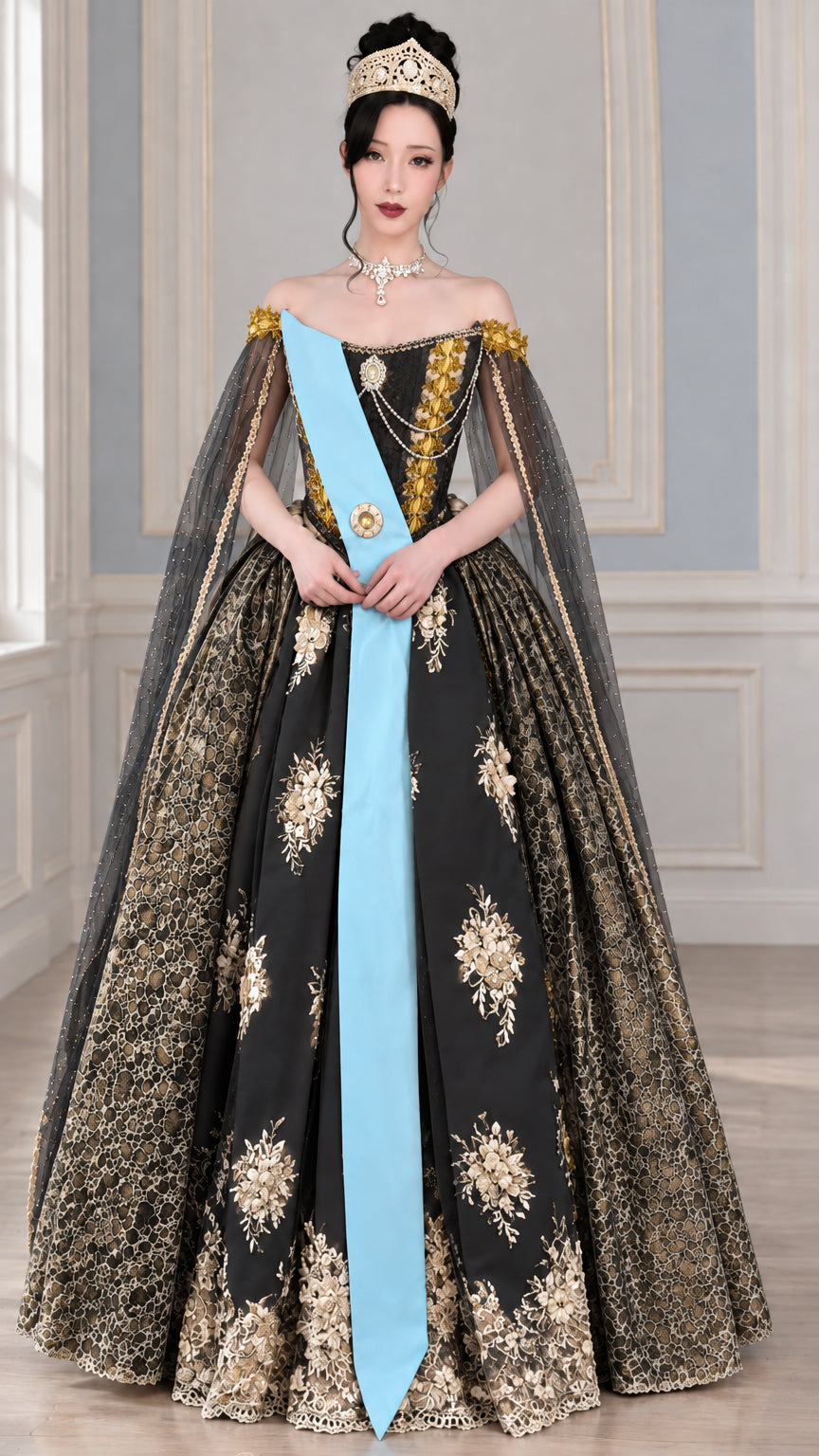 Black and gold embroidered royal ball gown with contrasting blue sash