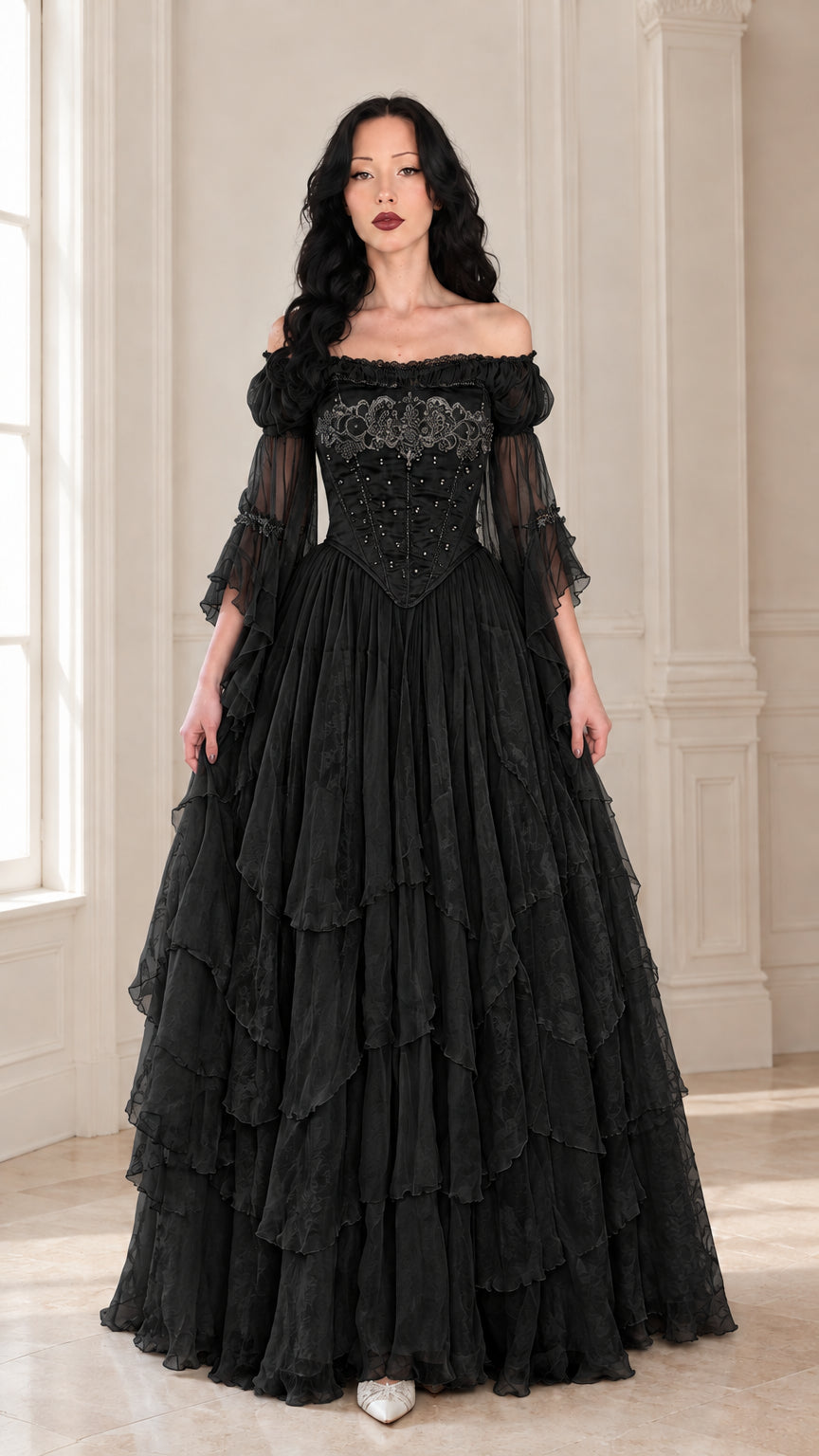 Front view of the embroidered corset ball gown in classic black