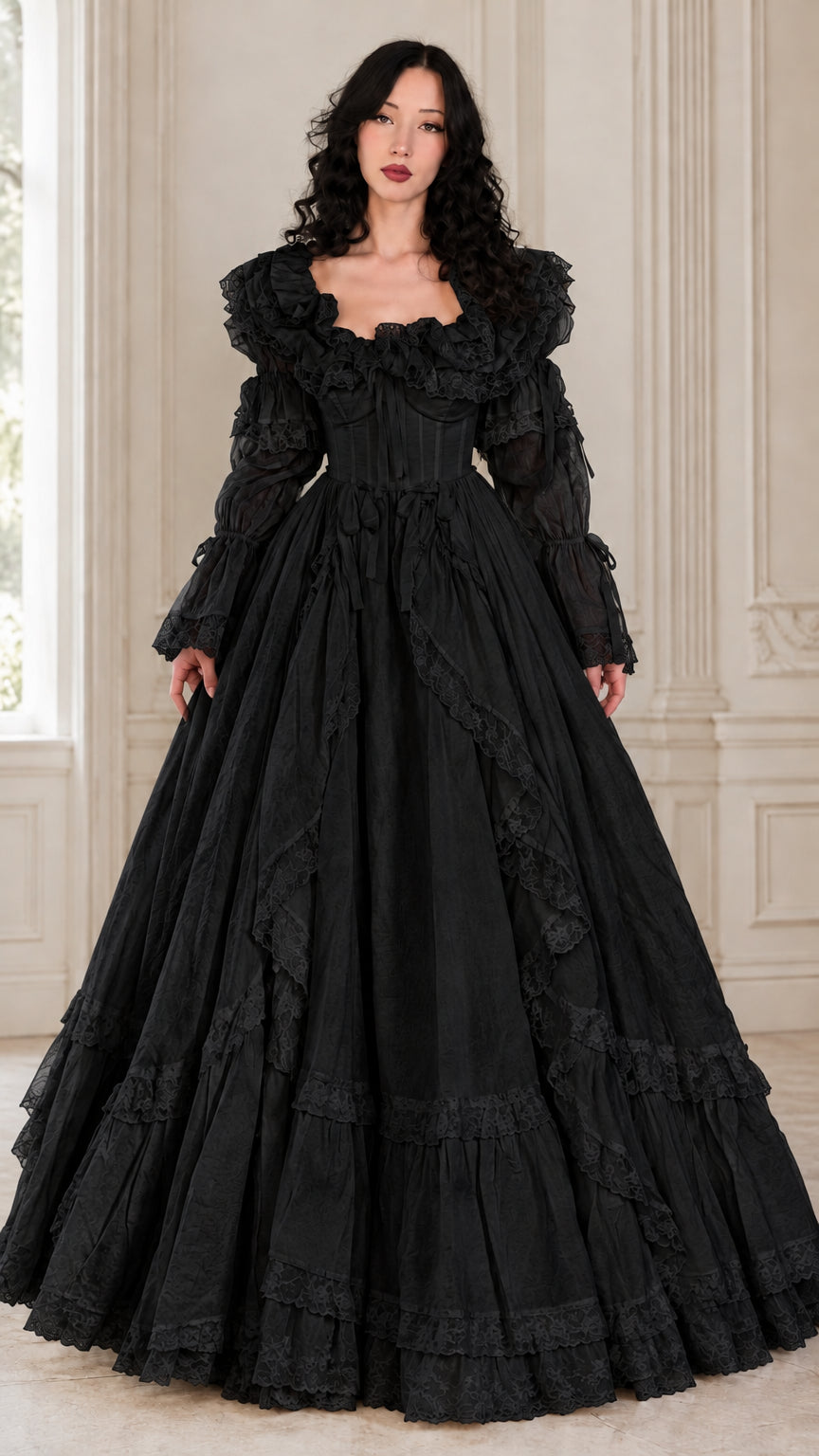 Full-length front view of Victorian corset ball gown in dramatic black