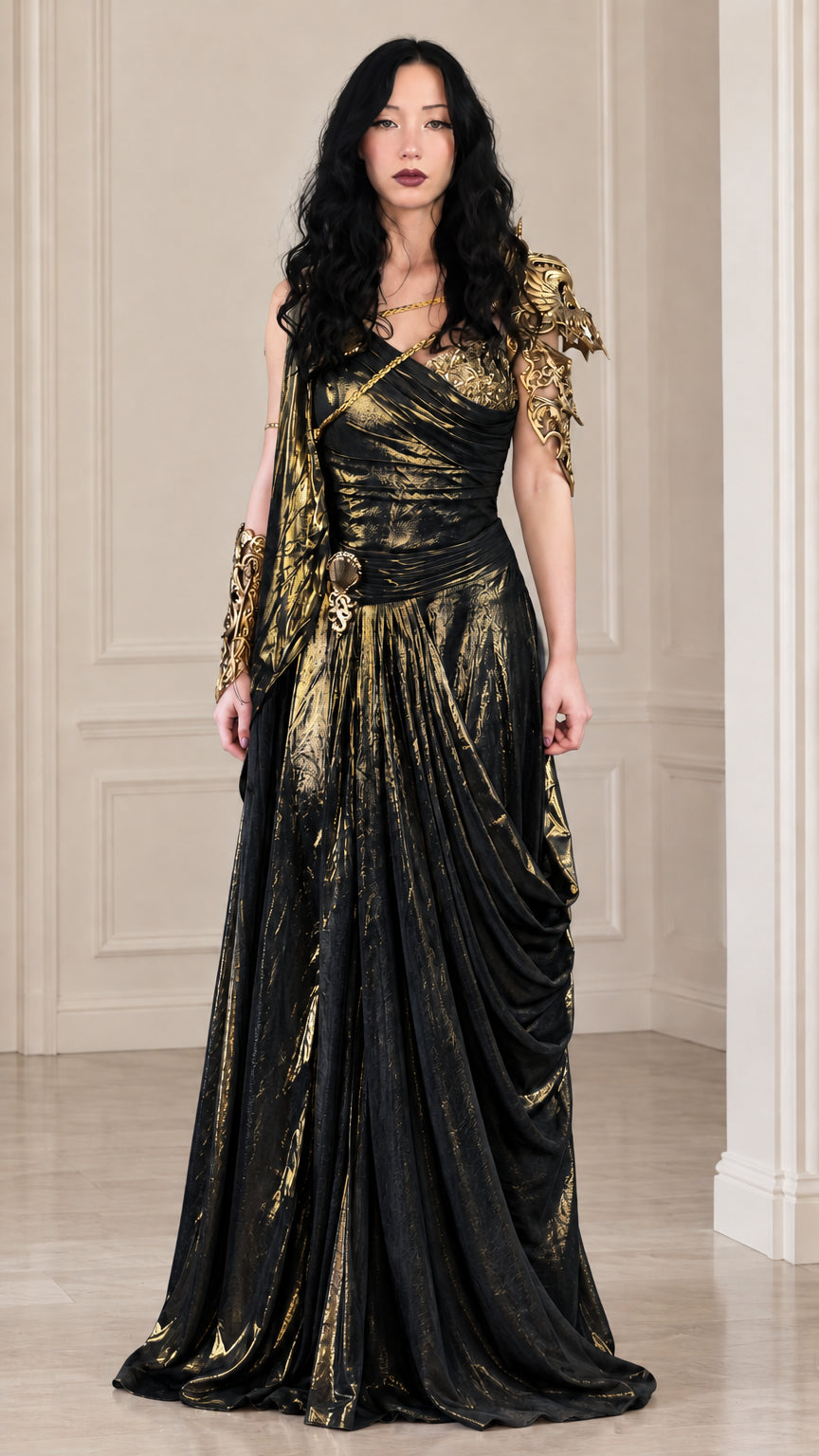 Black metallic draped goddess evening gown with gold accents