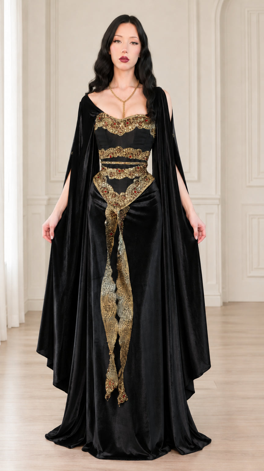 Black velvet medieval gown with gold embroidery and cape sleeves