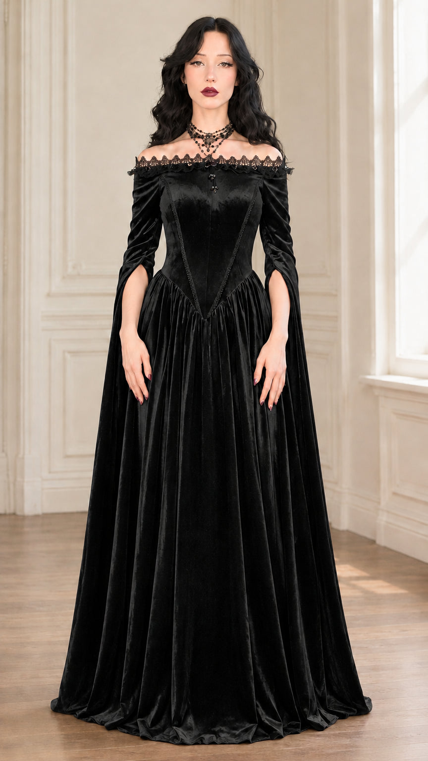 Black velvet off-shoulder Renaissance gown front view