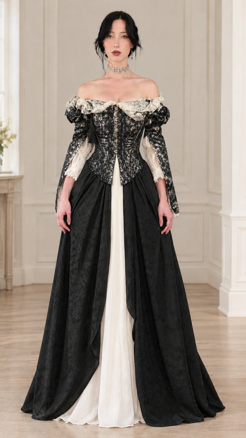 Front view of black vintage off-the-shoulder corset ball gown with cream contrast underskirt