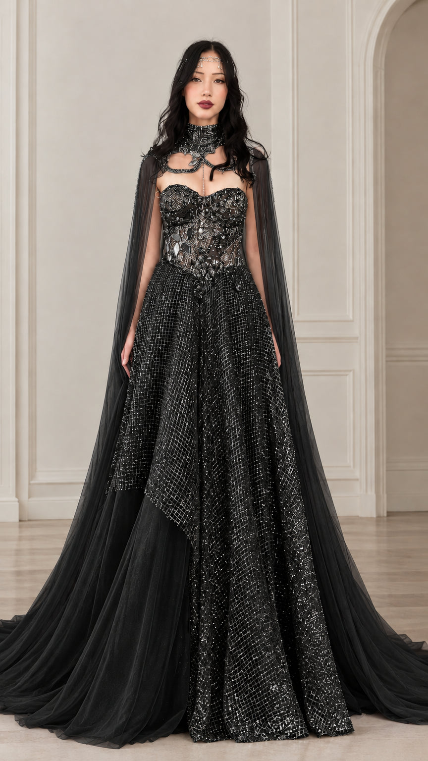 Full front view of black embellished sweetheart evening gown with matching black tulle cape