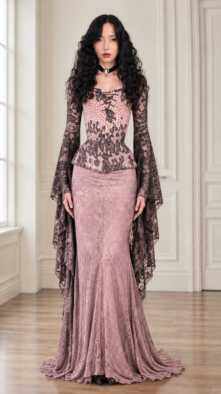 Dusty pink Victorian floral lace corset maxi dress with long bell sleeves