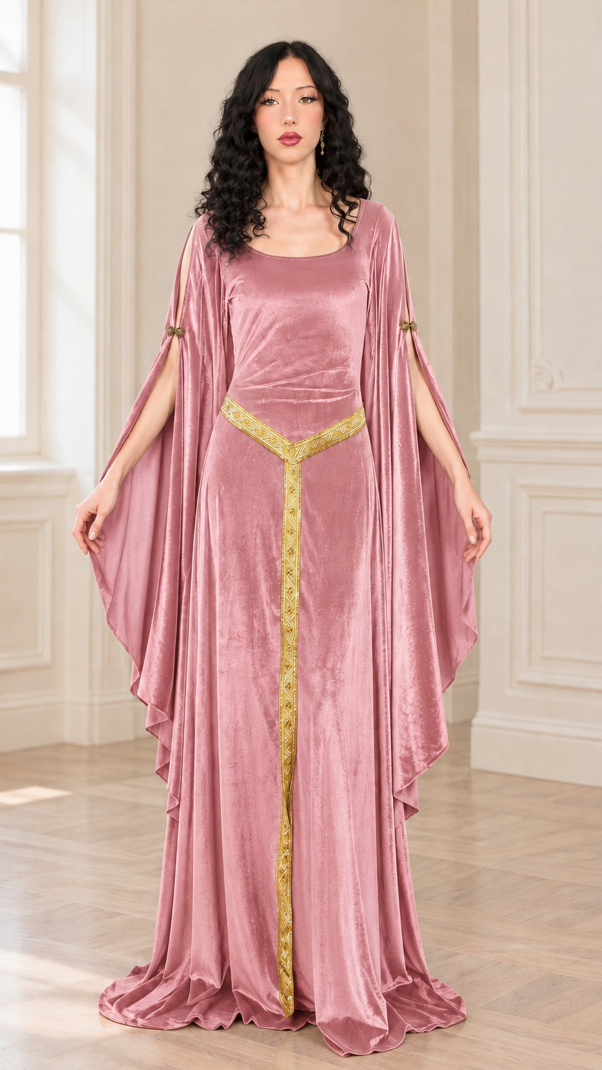 Dusty rose pink velvet Renaissance dress with sweeping draped sleeves