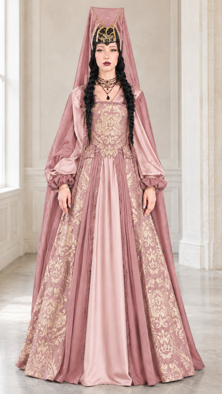 Full front view of medieval brocade gown in dusty pink