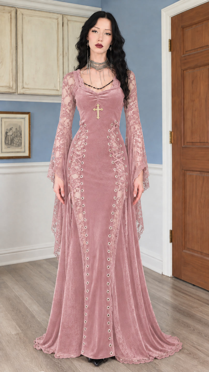 Dusty Rose pink gothic velvet maxi dress with dramatic lace bell sleeves