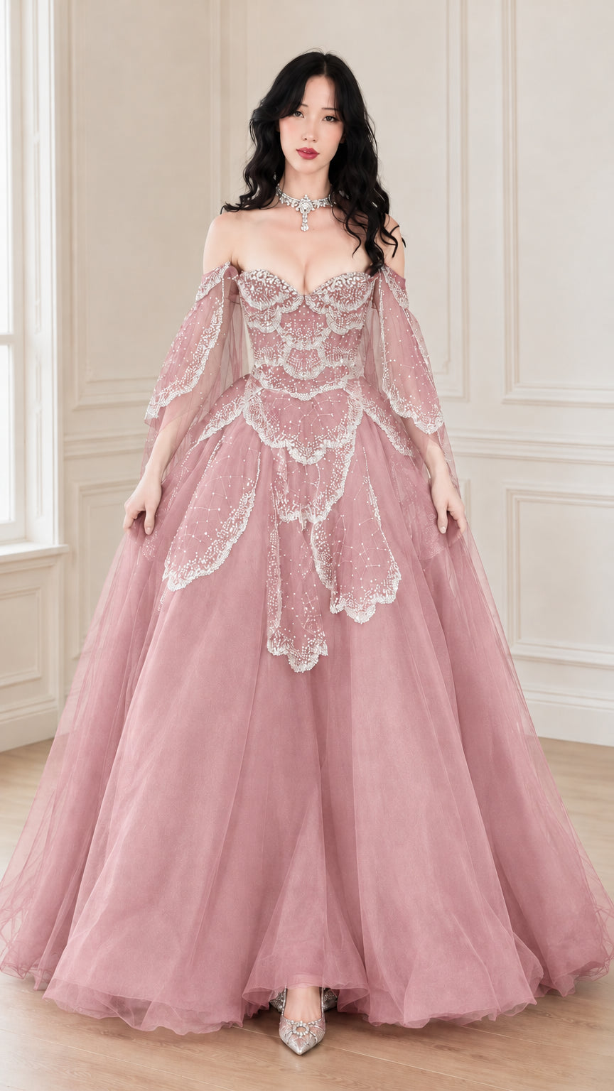 Front view of woman wearing dusty pink off-the-shoulder beaded tulle ball gown