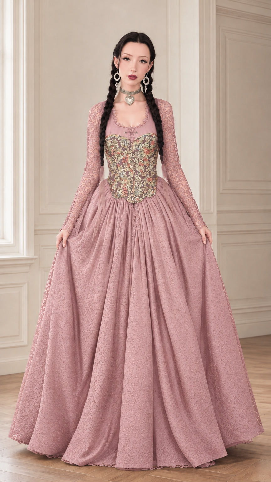 Front full-length view of the dusty pink floral tapestry lace ball gown