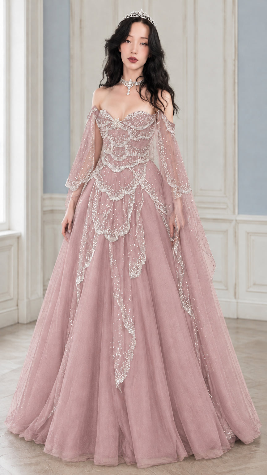 Dusty pink off-shoulder glitter sequin petal tulle ball gown