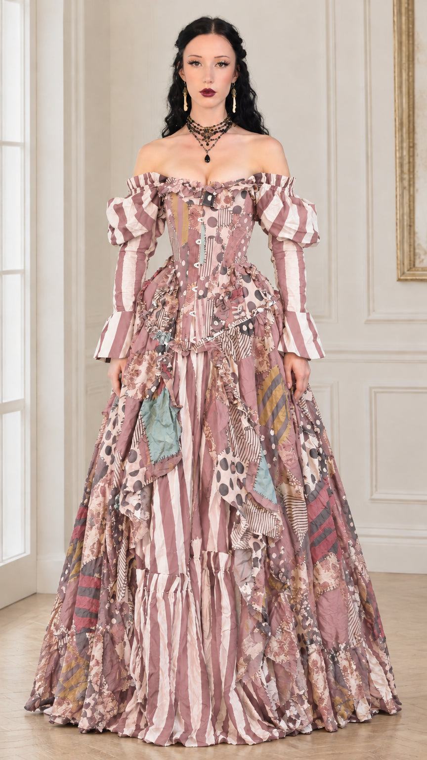Full front view of dusty rose pink patchwork off-shoulder corset ball gown