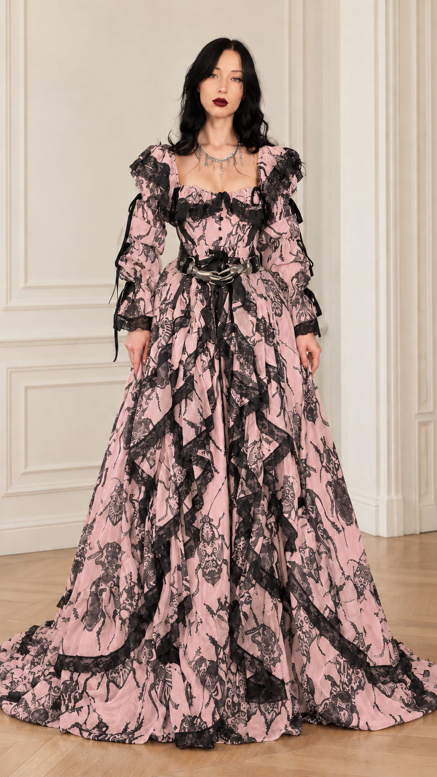 Front view of pink and black baroque lace tiered ruffle maxi gown