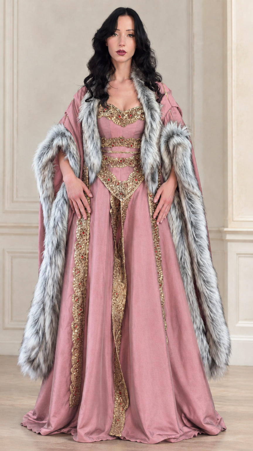 Dusty pink Renaissance embroidered gown and fur trimmed cape set