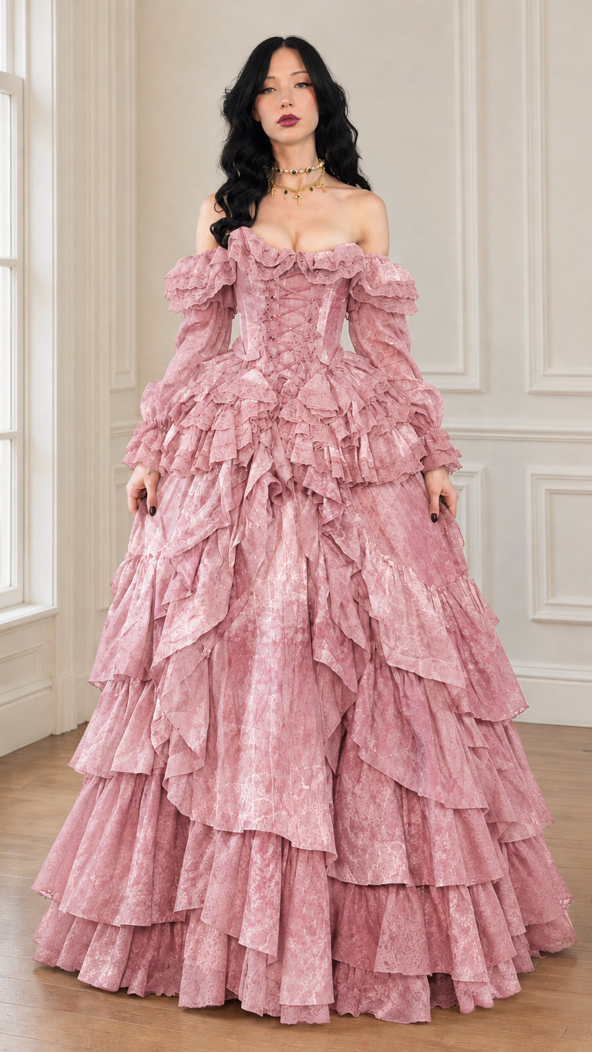 Front view of the tiered off-shoulder ball gown in dusty pink