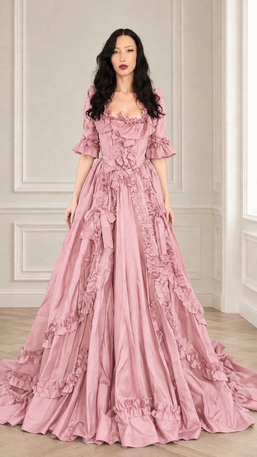 Woman wearing a dusty pink Victorian ruffled ball gown with tiered maxi skirt