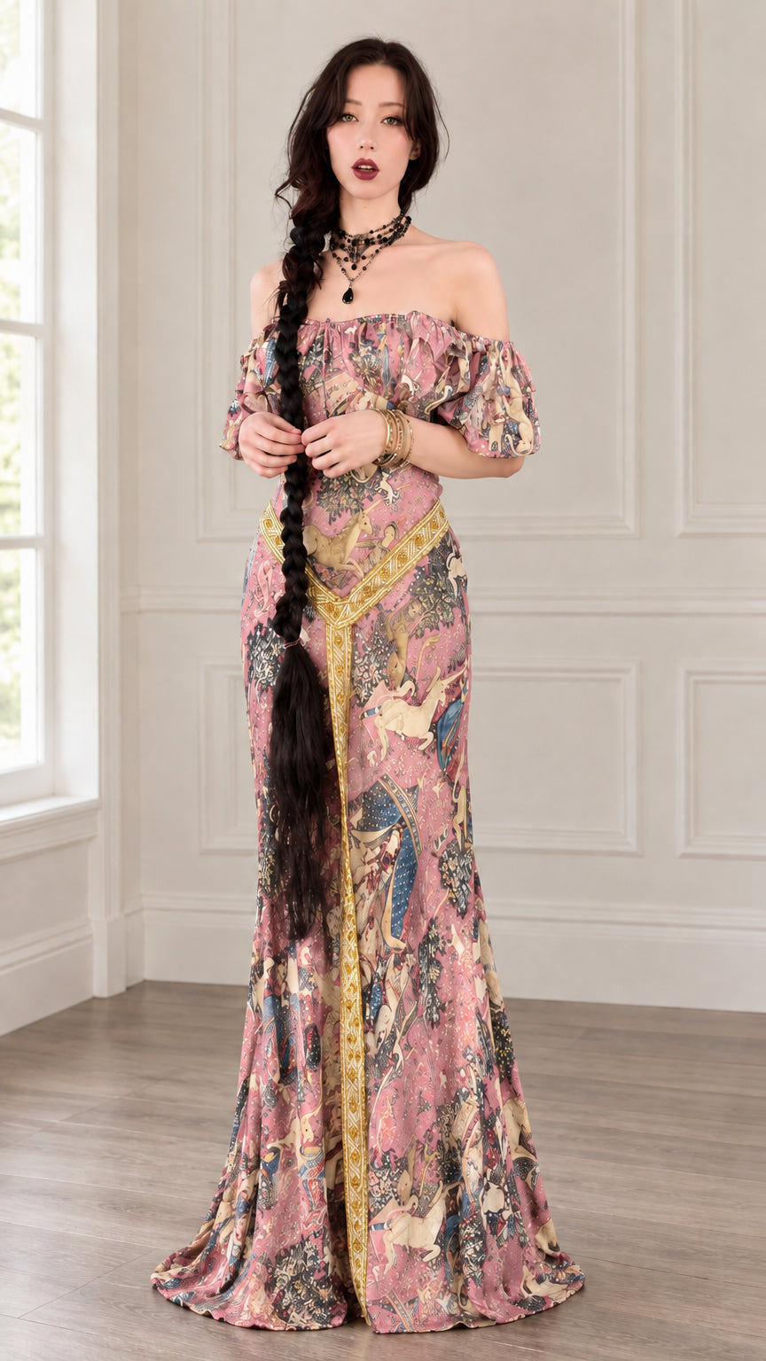 Front full view of dusty pink tapestry print off-shoulder maxi dress with gold trim