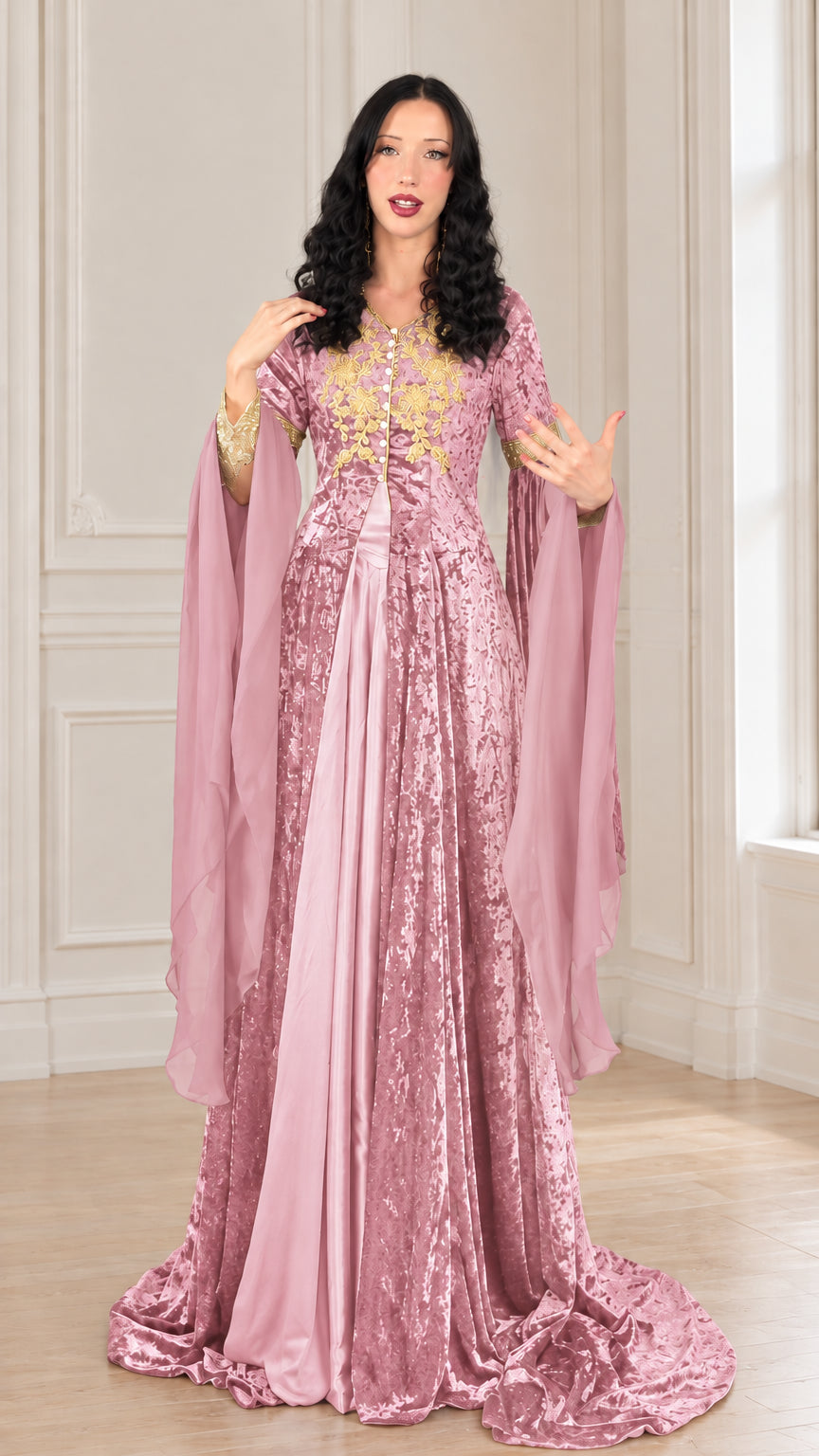 Dusty pink medieval velvet gown featuring gold embroidered bodice and flowing cape sleeves