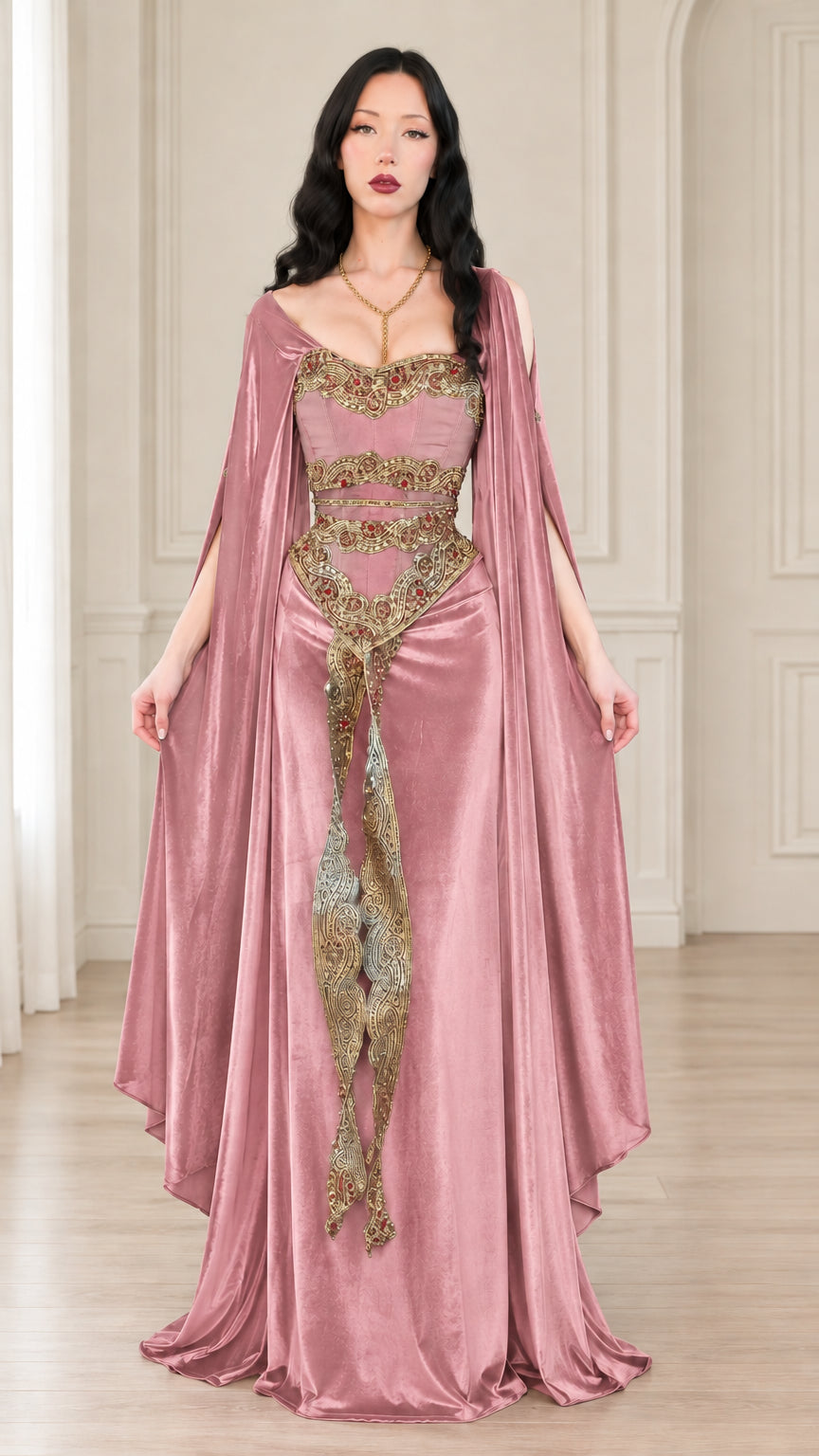 Dusty pink velvet renaissance gown with gold bodice detailing