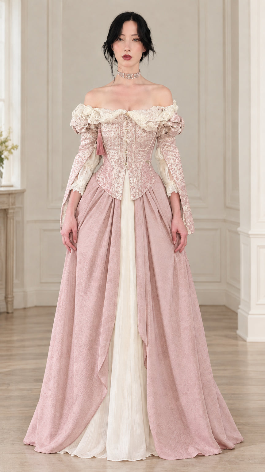 Front view of dusty pink vintage off-the-shoulder jacquard ball gown