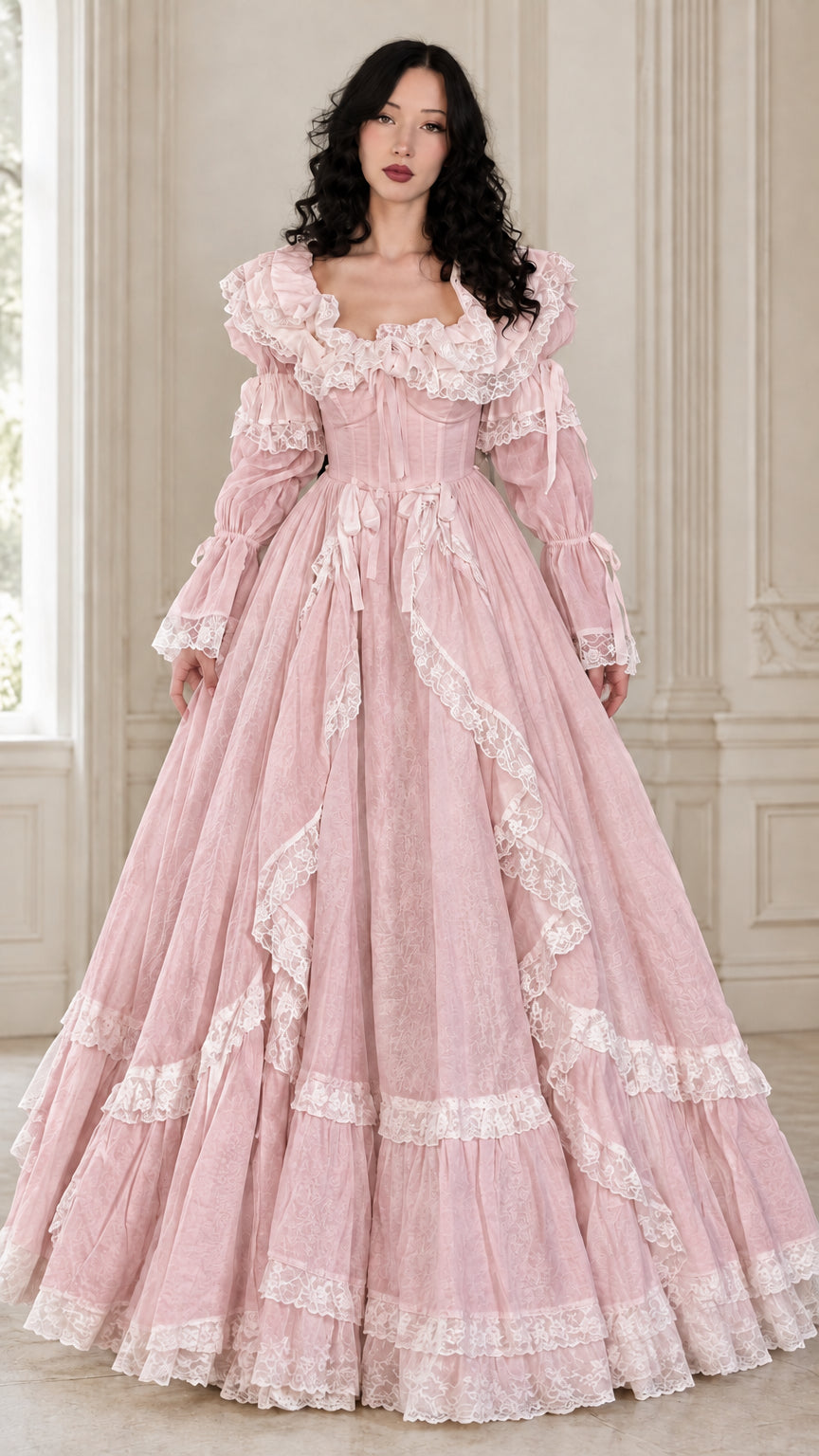 Full-length front view of romantic Victorian tiered ball gown in dusty pink