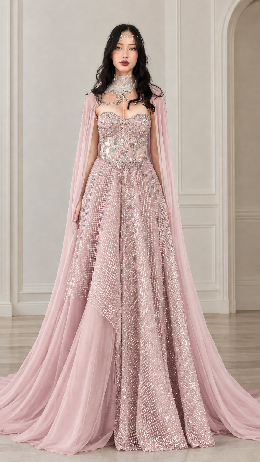 Full front view of dusty pink embellished formal evening gown with sheer blush cape attachment