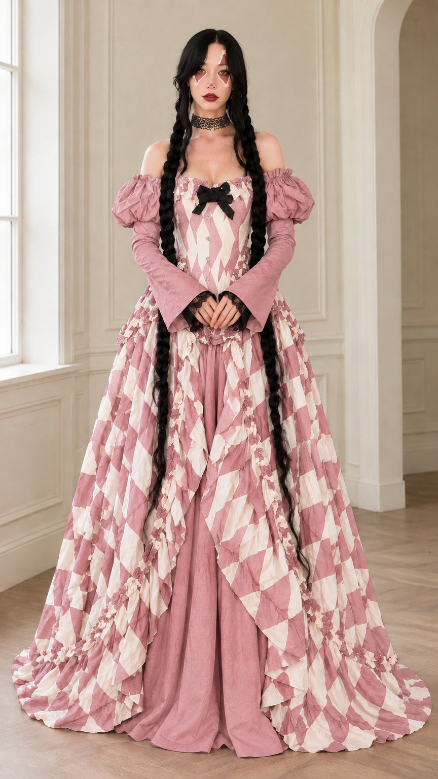 Front full-length view of model wearing Dusty Pink gothic harlequin ball gown