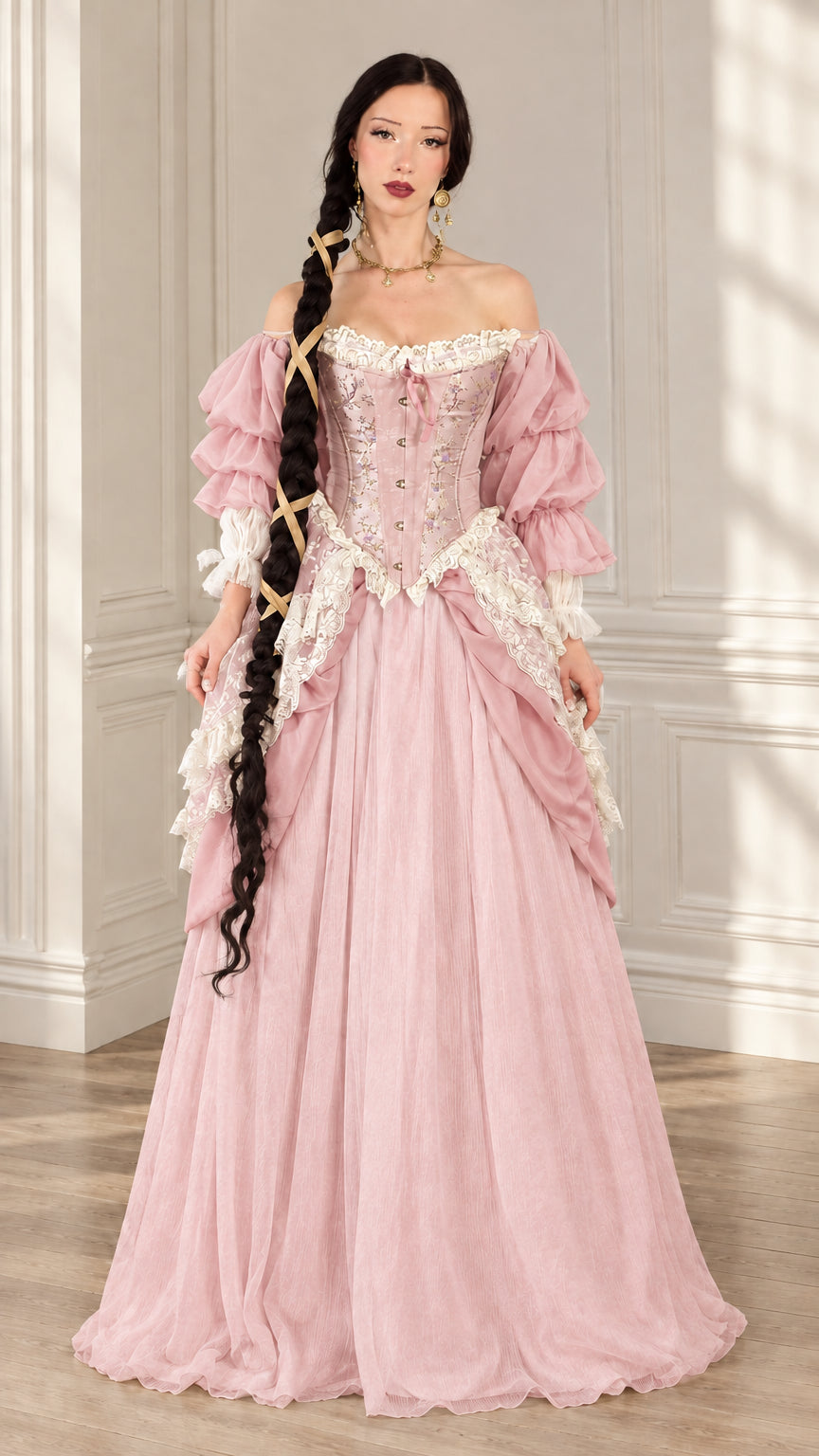 Dusty pink Victorian fairytale off-shoulder ball gown with lace overlays