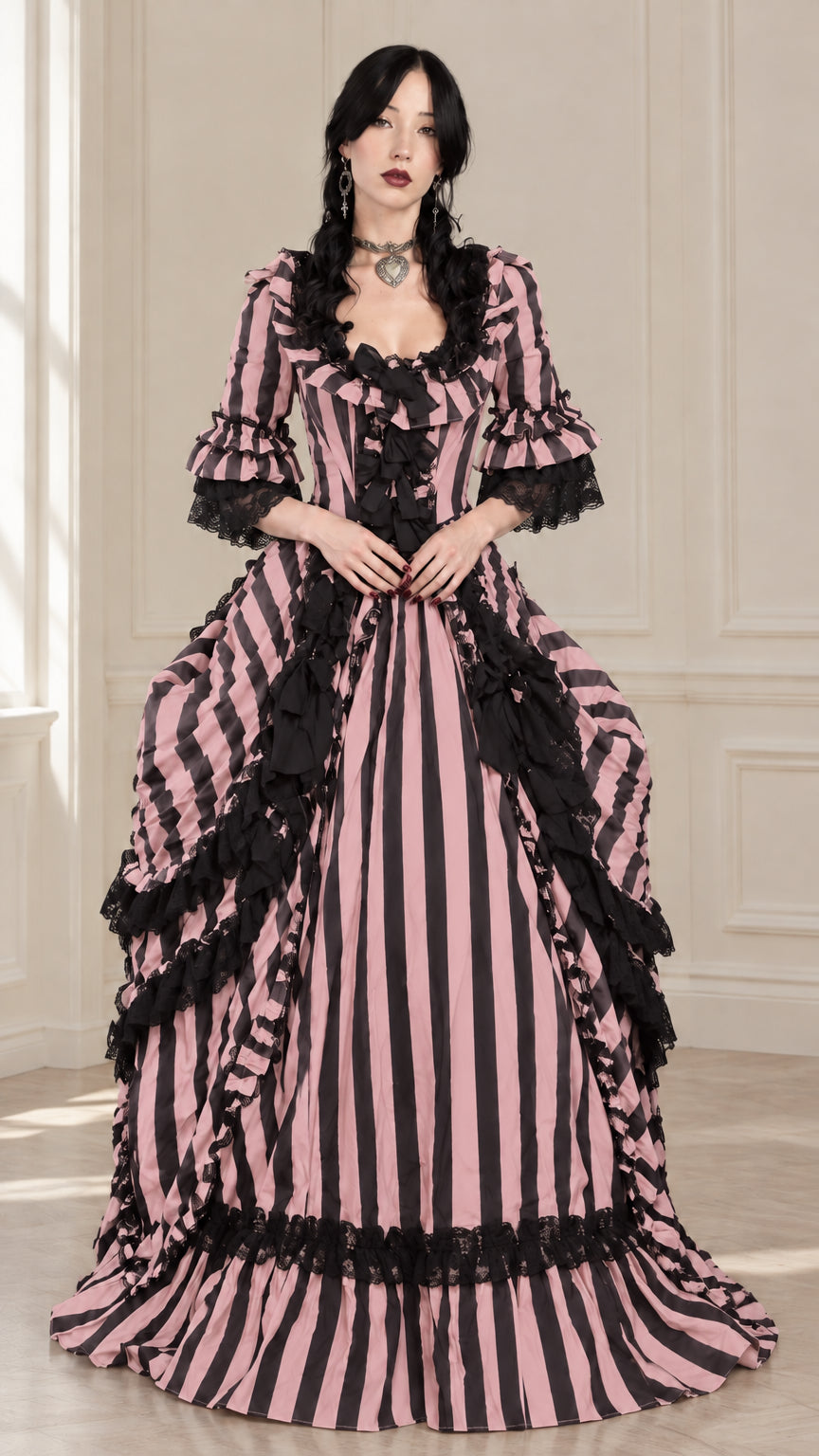 Dusty pink and black striped Victorian gothic ball gown dress