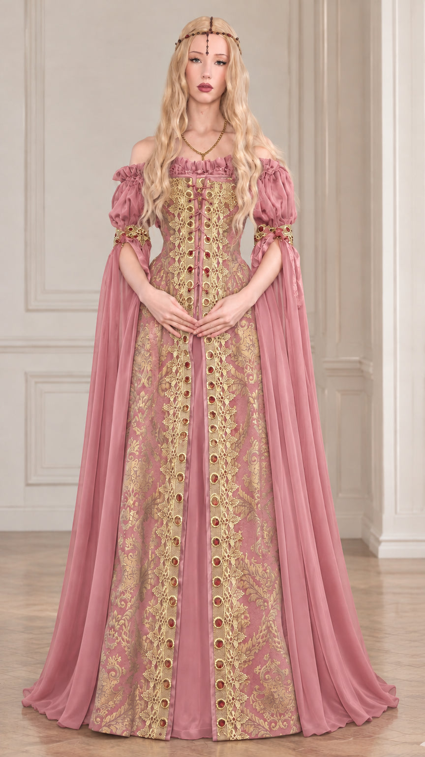 Front view of dusty pink renaissance medieval gown with gold damask bodice and cascading pink cape sleeves