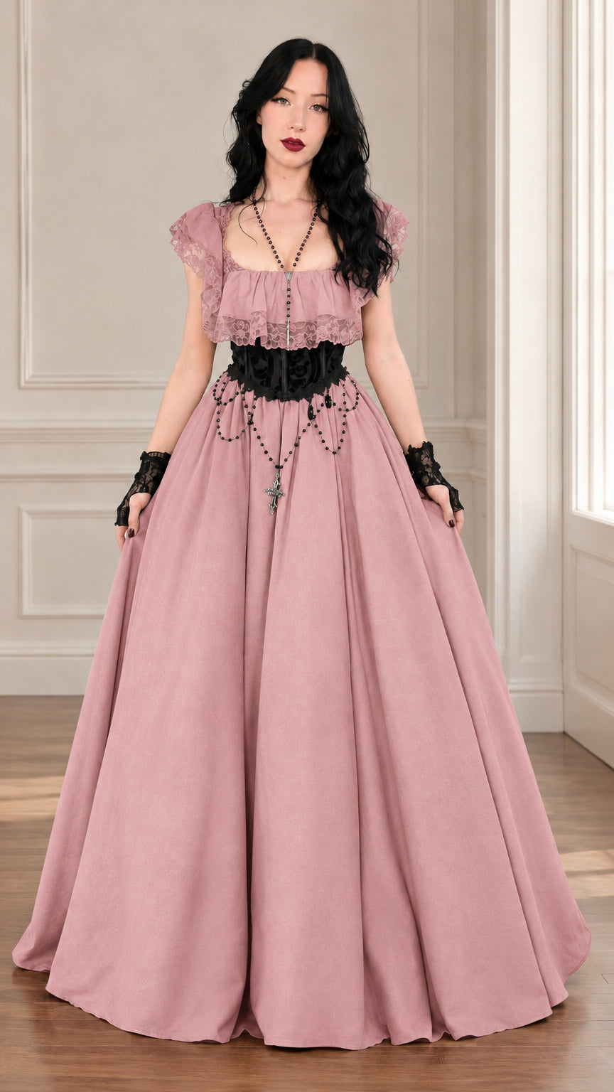 Front view of dusty rose Gothic Victorian lace ruffle maxi ball gown dress