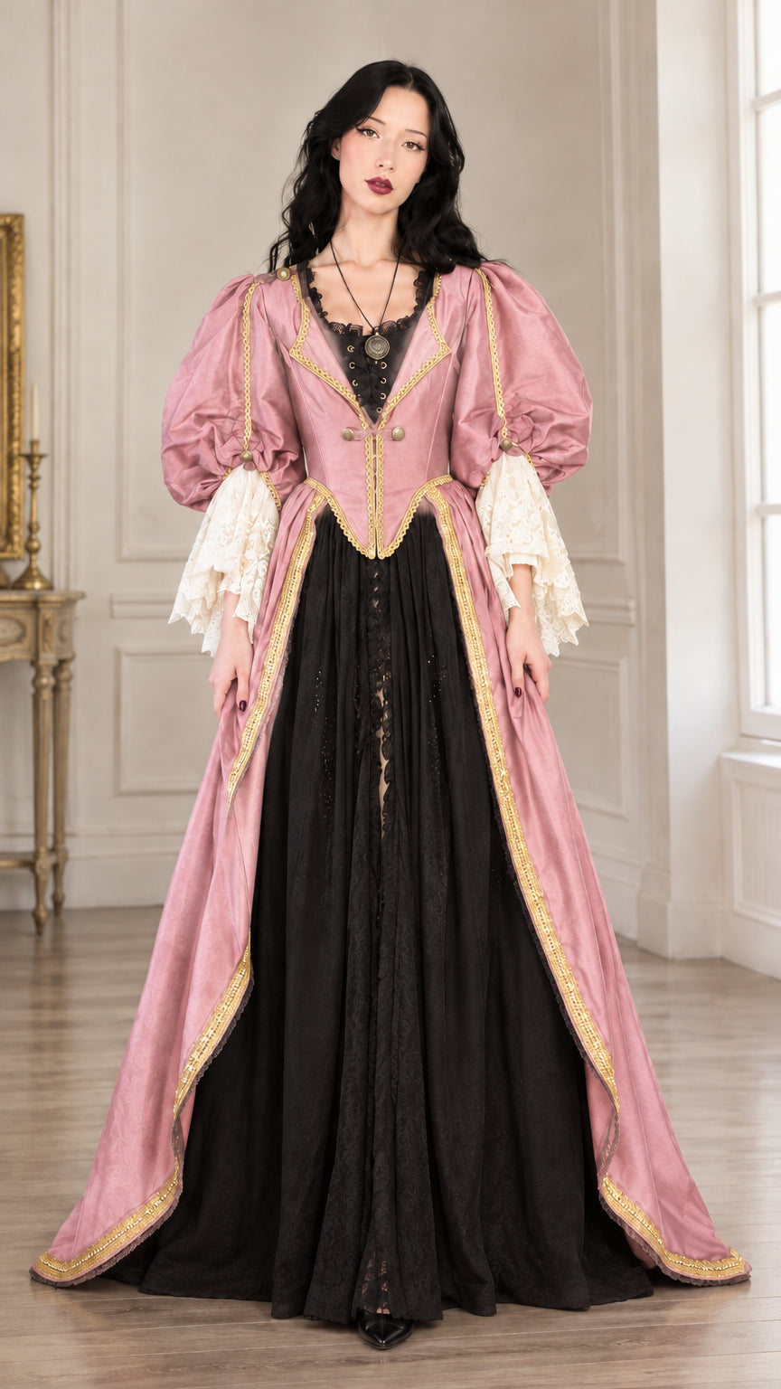 Full-length front view of the medieval corset gown in soft dusty pink with gold trim