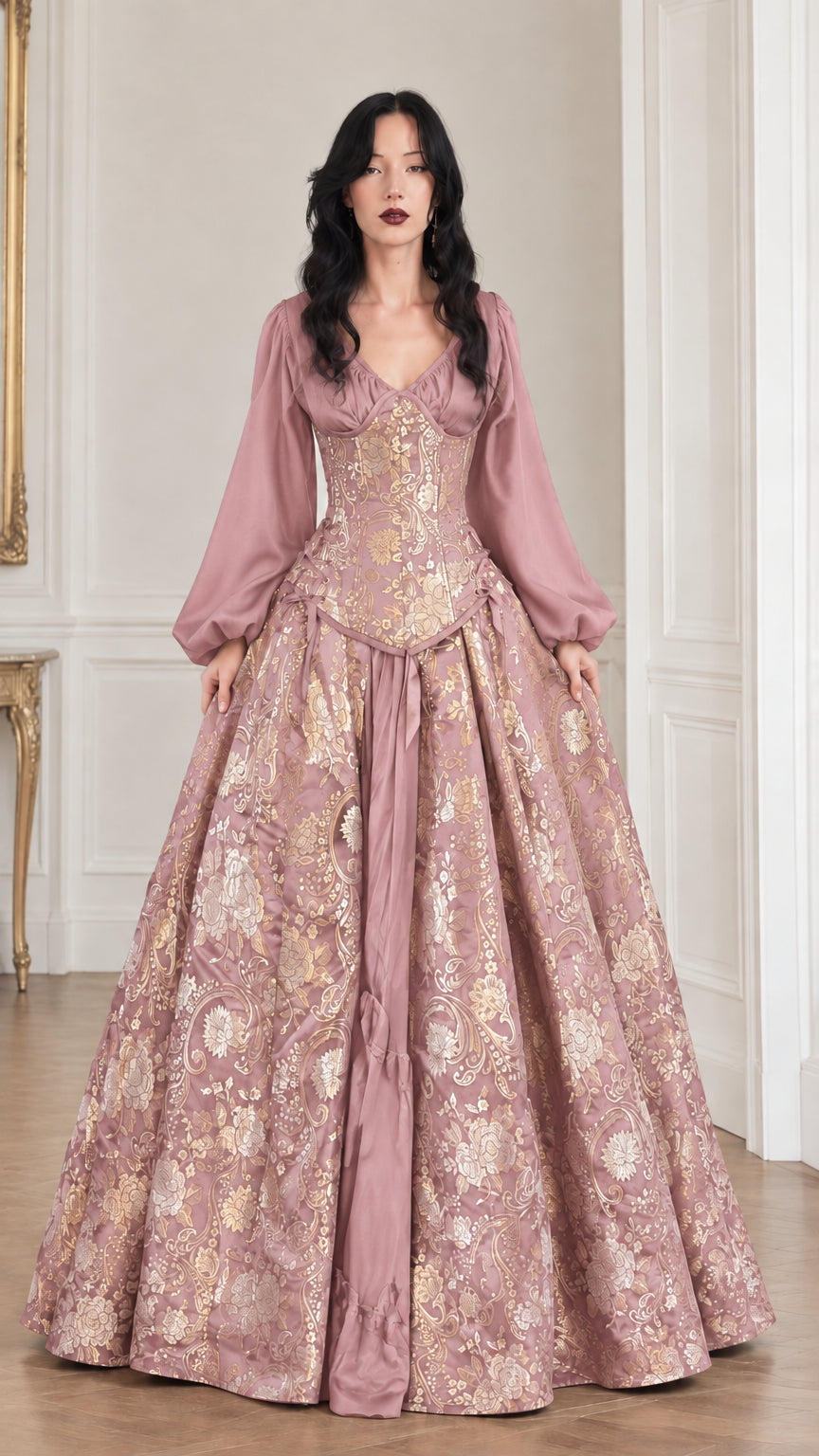Dusty rose pink jacquard Victorian ball gown with long lantern sleeves