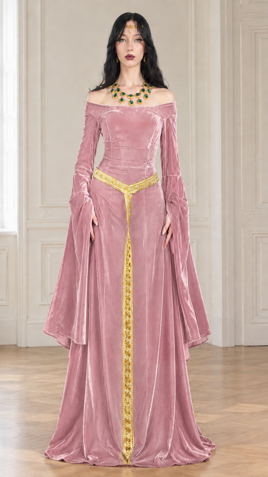 Full front view of dusty pink velvet Renaissance maxi dress with gold embroidery and flared sleeves