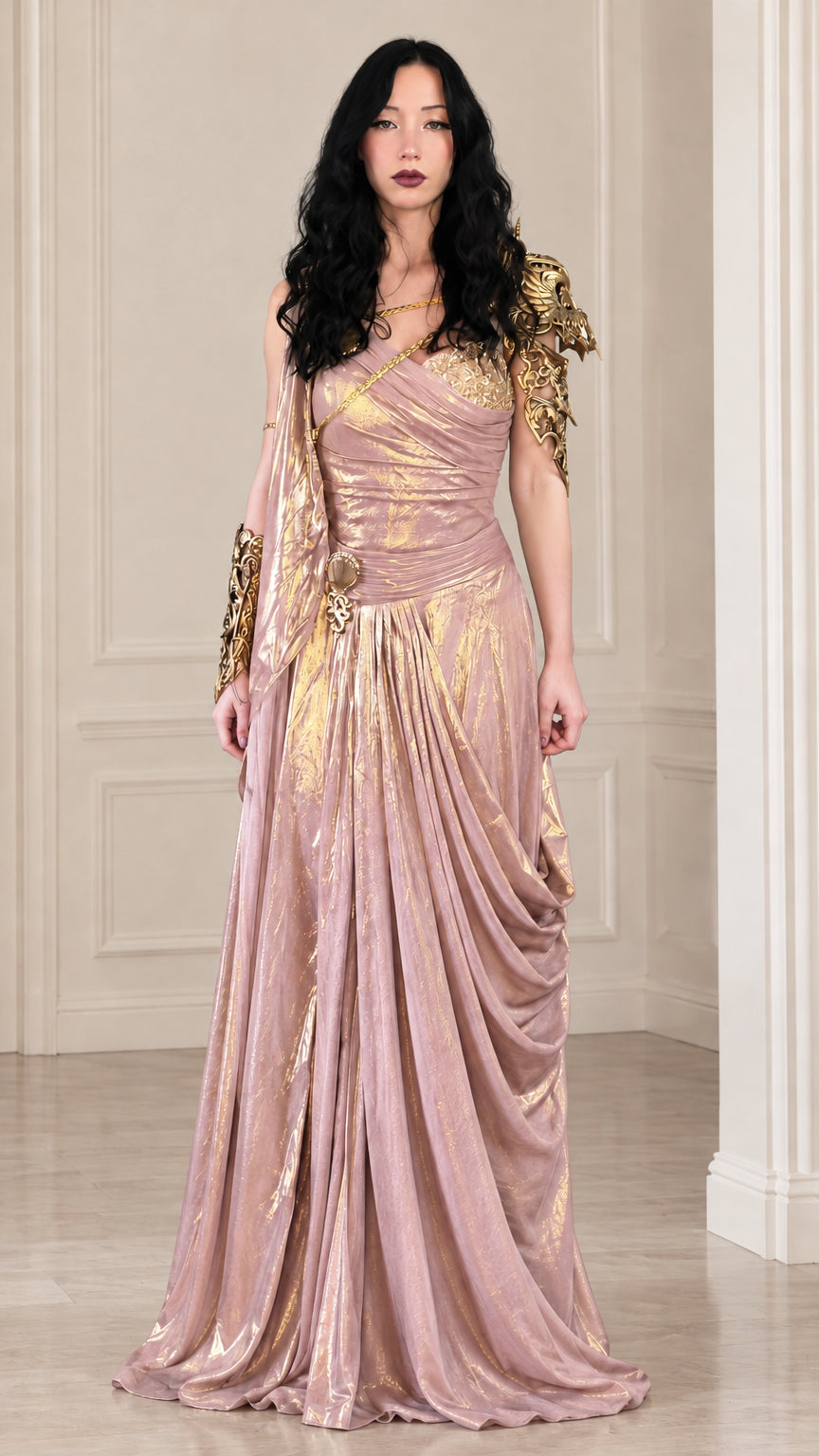 Dusty pink metallic draped one-shoulder maxi dress with gold accents