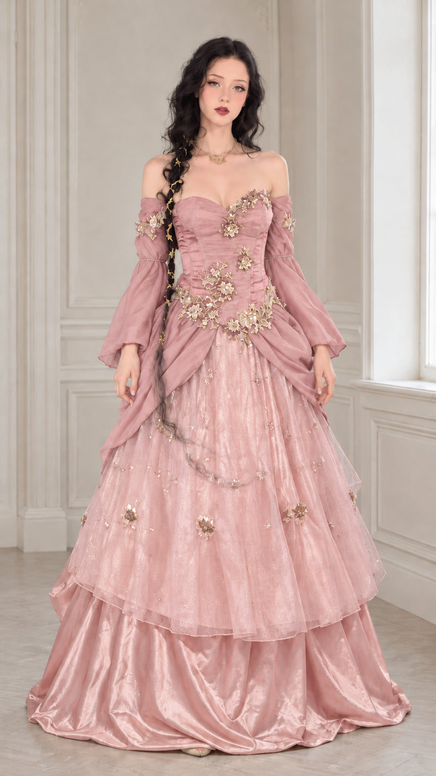 Dusty pink Renaissance ball gown with draped bell sleeves and tiered skirt