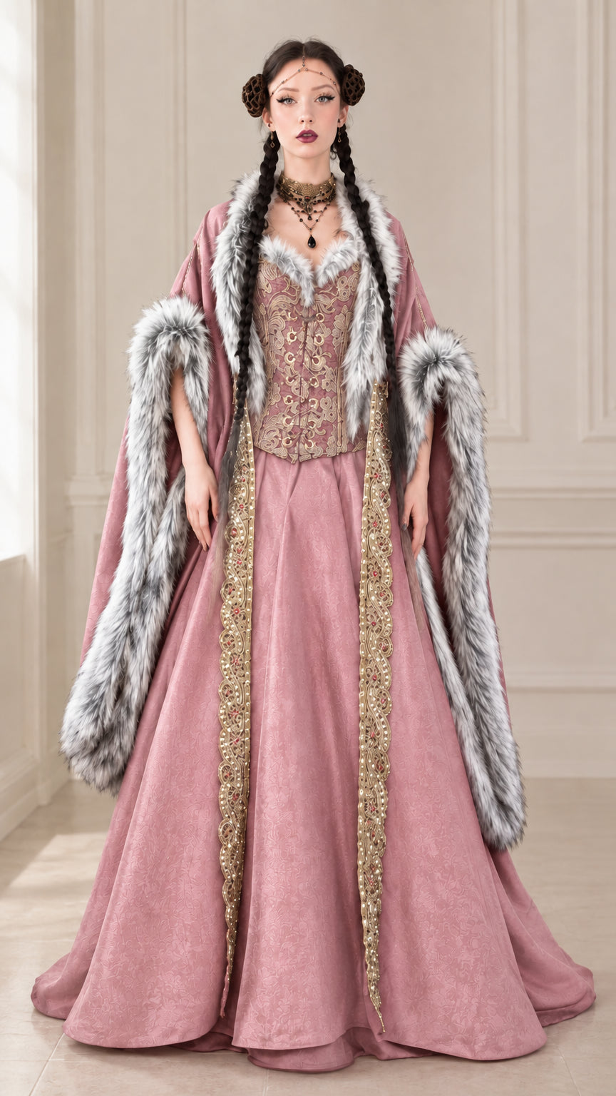 Dusty pink vintage royal Renaissance gown with faux fur trim and gold lace details