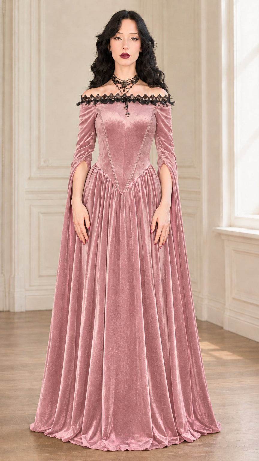 Dusty rose pink velvet off-shoulder medieval gown front view