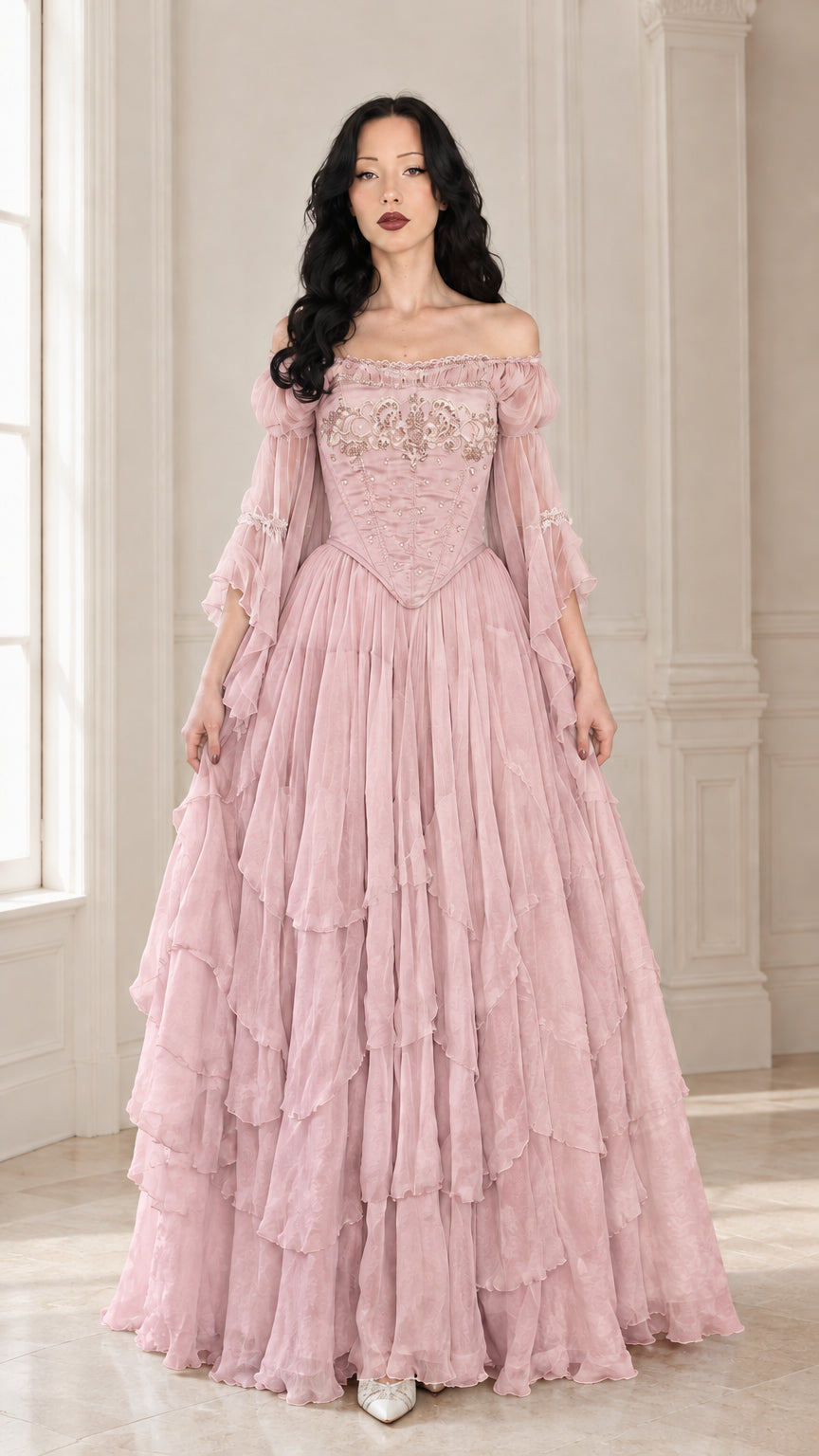 Front view of the embroidered corset ball gown in romantic dusty pink