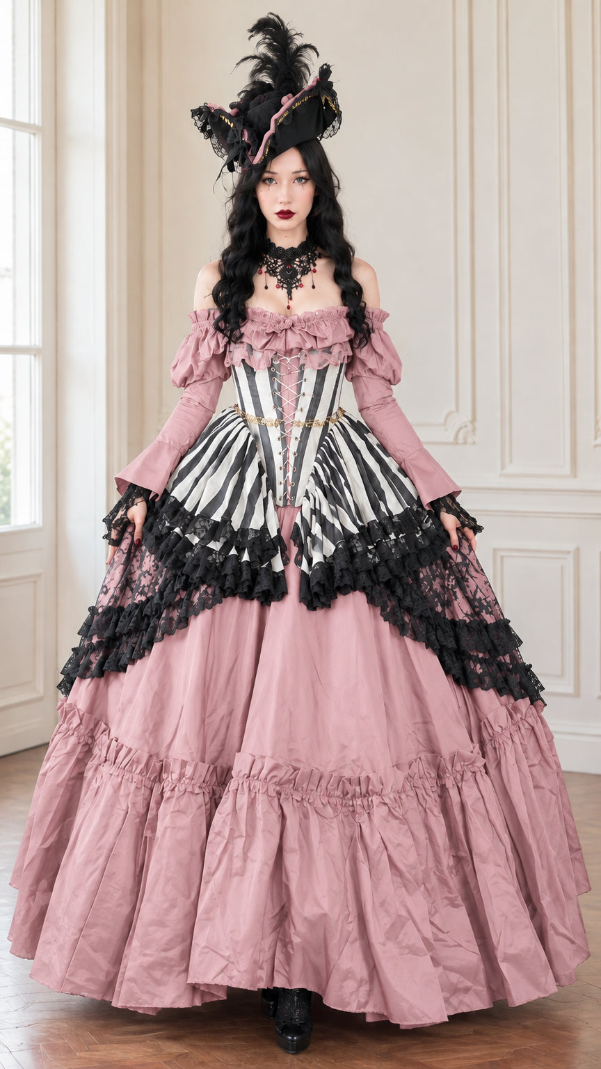 Dusty pink Victorian tiered ballgown dress with striped corset overlay