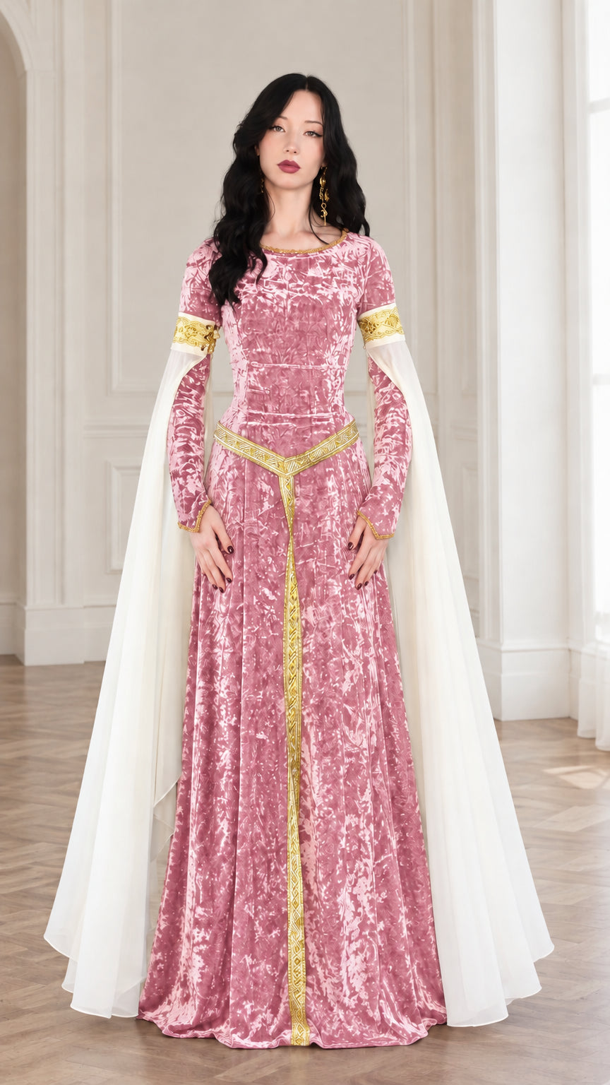Front full-length view of dusty pink crushed velvet medieval dress with gold trim and sheer drapes