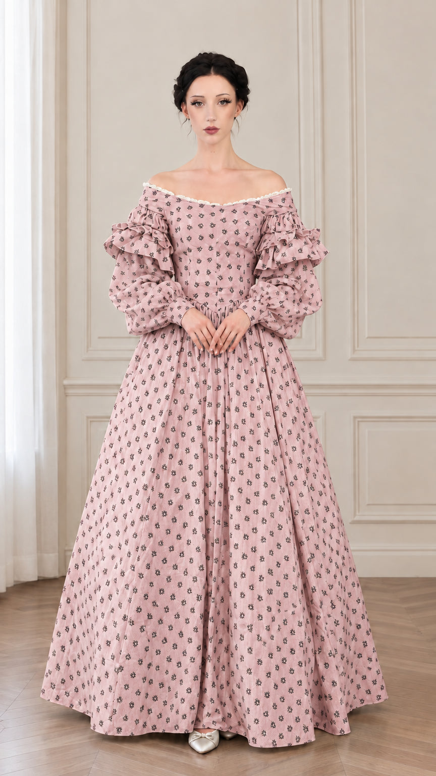 Front view of dusty pink floral Victorian ball gown with off-the-shoulder neckline