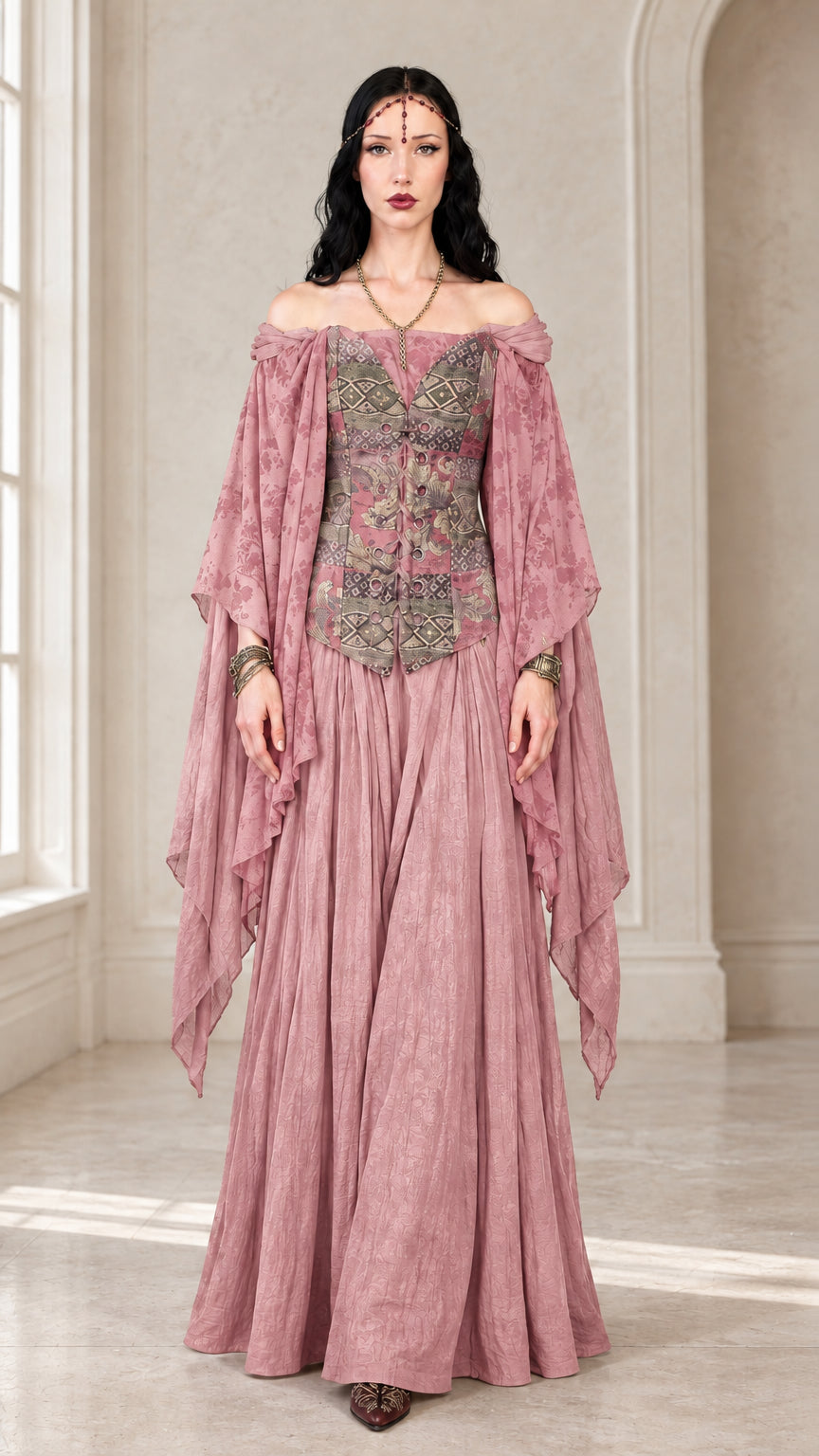 Front view of dusty pink Renaissance off-shoulder costume dress